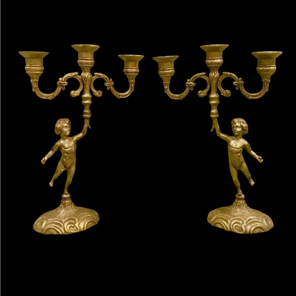 Pair of Vintage Brass Cherub Boy Candlesticks Casted/handmade Candle Holders